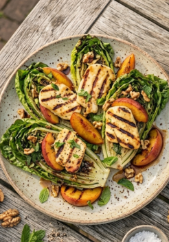 Gegrilde little gem met halloumi, nectarines en Canisius-glaze Een verrassend recept dat fris, hartig en zoet samenbrengt. De combinatie van gegrilde little gem, zoute halloumi, sappige nectarines en een glaze van appelstroop zorgt voor een origineel gerecht dat perfect past bij een zomerse barbecue.