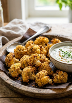 Recept | Krokante bloemkoolroosjes uit de oven Deze krokante bloemkoolroosjes uit de oven zijn heerlijk gekruid en krijgen een extra knapperig laagje in de oven. De frisse appelstroop-yoghurtdip maakt de bloemkool helemaal af. Zo krijg je een verrassende combinatie van krokant, kruidig en friszoet.